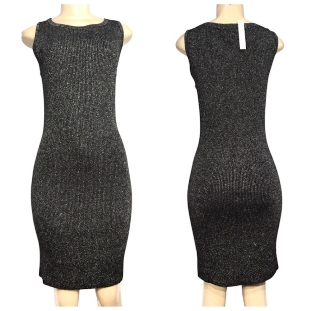 $159 ADRIENNE VITTADINI WOOL METALLIC SLEEVELESS STRETCH RIBBED KNIT DRESS NWT - Picture 1 of 11
